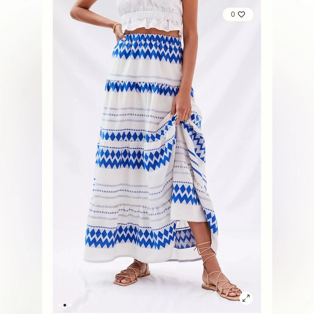 Anthropologie Kasia Size XS Womens Cream & Blue Eros Tiered Maxi Skirt - Picture 3 of 13